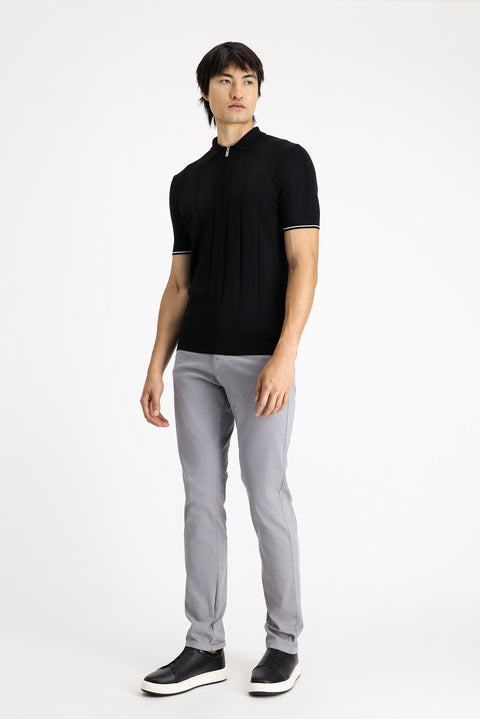 Black Zip-Up Patterned Slim Fit Narrow Cut Polo Shirt
