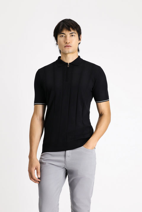 Black Zip-Up Patterned Slim Fit Narrow Cut Polo Shirt