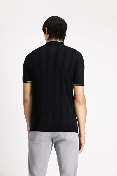 Black Zip-Up Patterned Slim Fit Narrow Cut Polo Shirt