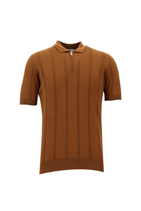 Light Brown Zip-Up Patterned Slim Fit Narrow Cut Polo Shirt
