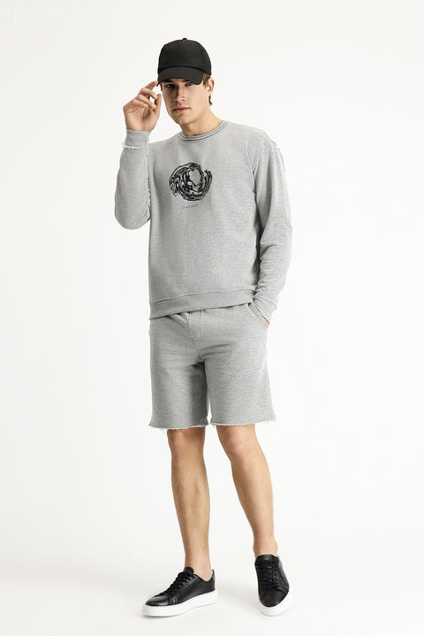 Medium Grey Melange Crew Neck Oversize Printed Cotton Sweatshirt