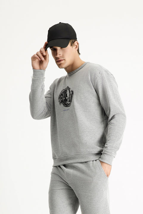 Medium Grey Melange Crew Neck Oversize Printed Cotton Sweatshirt