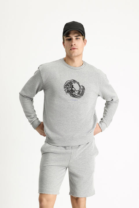 Medium Grey Melange Crew Neck Oversize Printed Cotton Sweatshirt