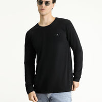 Siyah Bisiklet Yaka Slim Fit Dar Kesim Pamuklu Sweatshirt