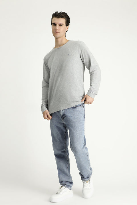 Light Grey Melange Crew Neck Slim Fit Narrow Cut Cotton Sweatshirt