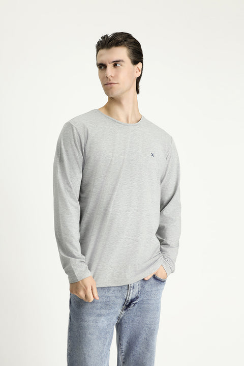 Light Grey Melange Crew Neck Slim Fit Narrow Cut Cotton Sweatshirt