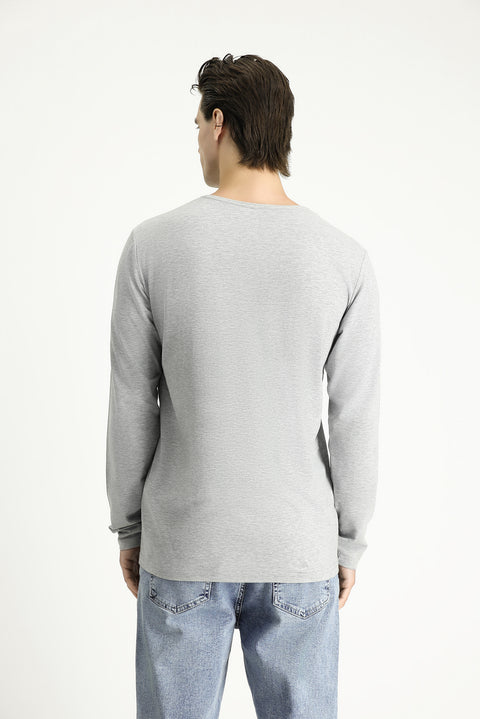 Light Grey Melange Crew Neck Slim Fit Narrow Cut Cotton Sweatshirt