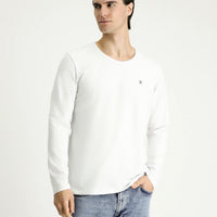 Beyaz Bisiklet Yaka Slim Fit Dar Kesim Pamuklu Sweatshirt