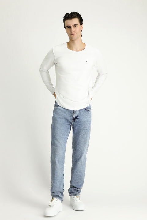 Beyaz Bisiklet Yaka Slim Fit Dar Kesim Pamuklu Sweatshirt