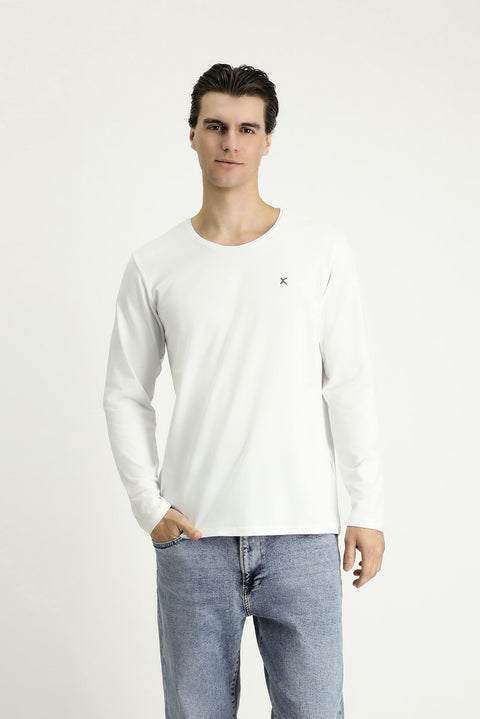 Beyaz Bisiklet Yaka Slim Fit Dar Kesim Pamuklu Sweatshirt