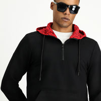 Siyah Kapüşonlu Regular Fit Fermuarlı Edirne Kırmızısı Baskılı Pamuklu Sweatshirt
