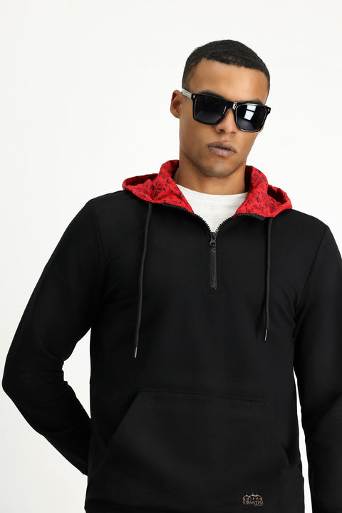 Siyah Kapüşonlu Regular Fit Fermuarlı Edirne Kırmızısı Baskılı Pamuklu Sweatshirt