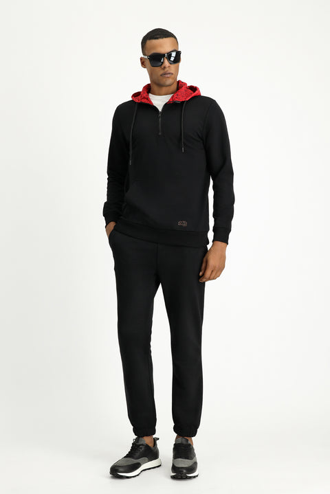 Siyah Kapüşonlu Regular Fit Fermuarlı Edirne Kırmızısı Baskılı Pamuklu Sweatshirt