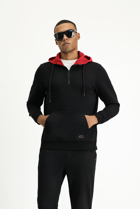 Siyah Kapüşonlu Regular Fit Fermuarlı Edirne Kırmızısı Baskılı Pamuklu Sweatshirt