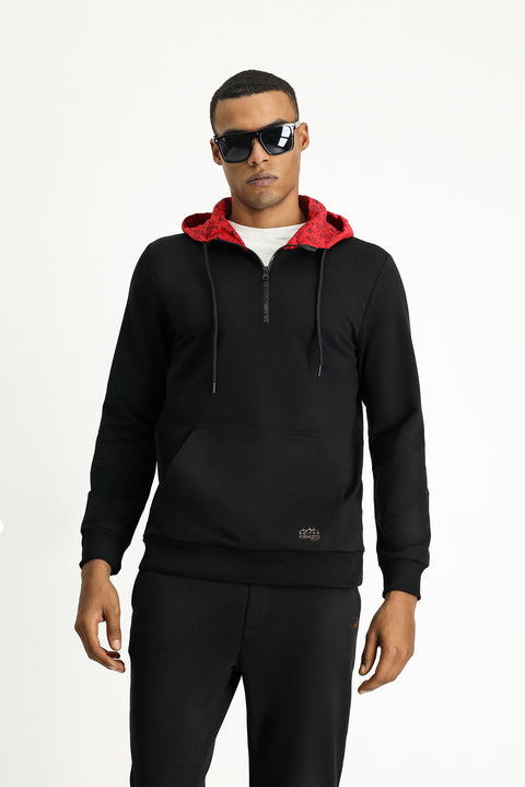 Siyah Kapüşonlu Regular Fit Fermuarlı Edirne Kırmızısı Baskılı Pamuklu Sweatshirt