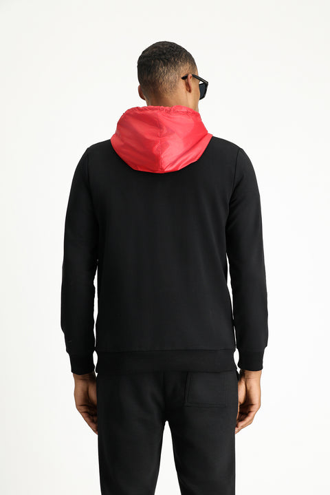 Siyah Kapüşonlu Regular Fit Fermuarlı Edirne Kırmızısı Baskılı Pamuklu Sweatshirt