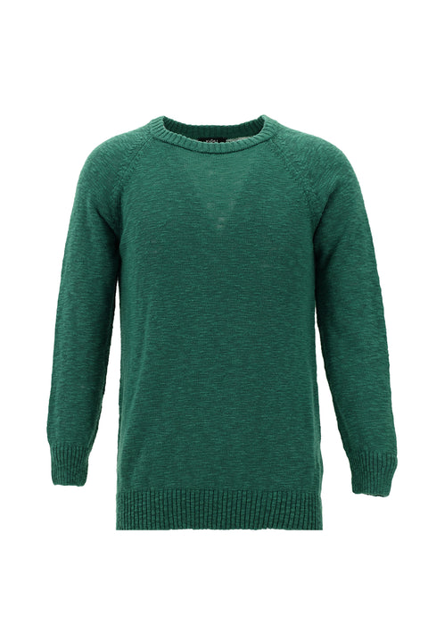 Dark Green Crew Neck Slim Fit Narrow Cut Cotton Knit Sweater