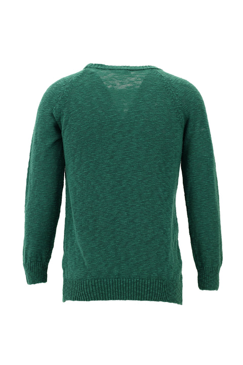 Dark Green Crew Neck Slim Fit Narrow Cut Cotton Knit Sweater