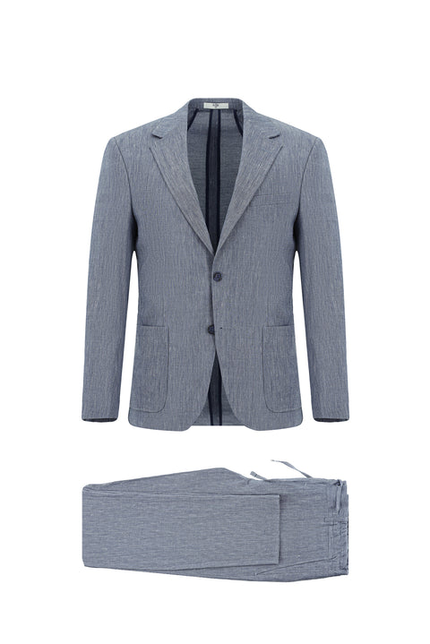 Dark Blue 7 Drop Super Slim Fit Extra Narrow Cut Linen Blend Elasticated Waist Drawstring Suit