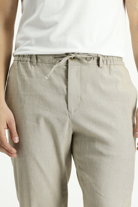 Light Beige 7 Drop Super Slim Fit Extra Narrow Cut Linen Blend Elasticated Waist Drawstring Suit