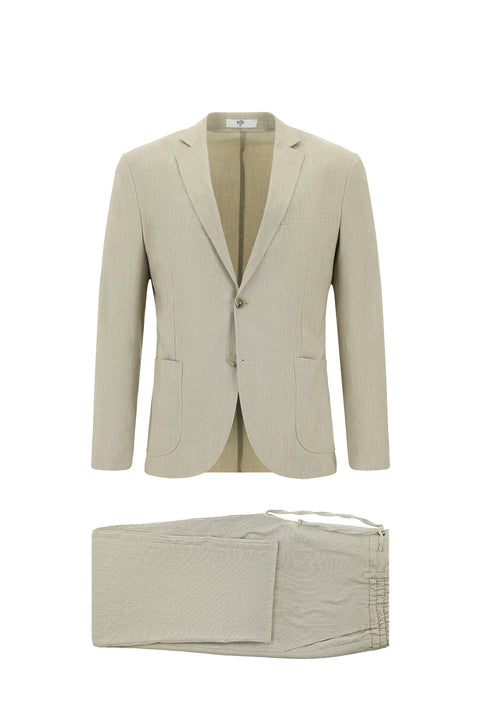 Light Beige 7 Drop Super Slim Fit Extra Narrow Cut Linen Blend Elasticated Waist Drawstring Suit