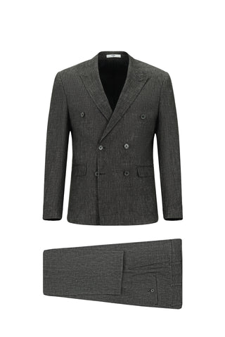  Siyah 7 Drop Slim Fit Dar Kesim Keten Karışımlı Sivri Yaka Kruvaze Takım Elbise