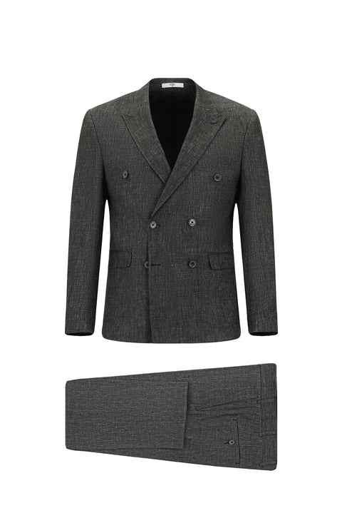 Black 7 Drop Slim Fit Narrow Cut Linen Blend Peaked Lapel Double Breasted Suit