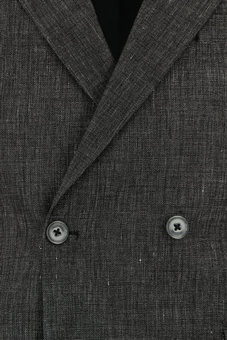  Siyah 7 Drop Slim Fit Dar Kesim Keten Karışımlı Sivri Yaka Kruvaze Takım Elbise