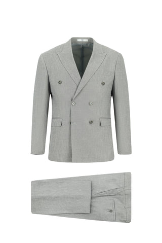  Orta Gri 7 Drop Slim Fit Dar Kesim Keten Karışımlı Sivri Yaka Kruvaze Takım Elbise