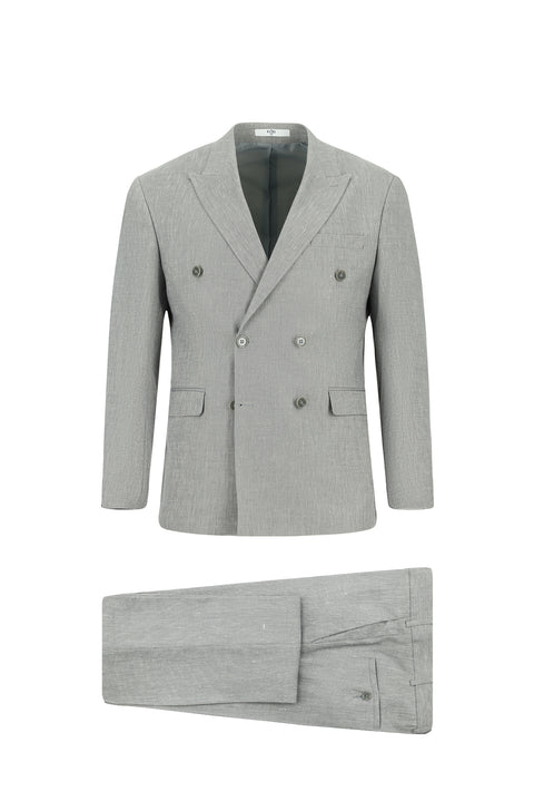 Mid Grey 7 Drop Slim Fit Notch Lapel Linen Blend Double Breasted Suit