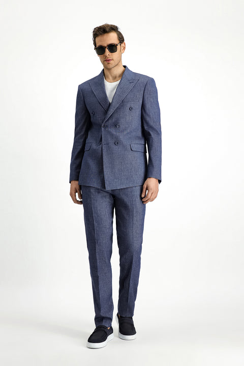 Light Blue 7 Drop Slim Fit Narrow Cut Linen Blend Peaked Lapel Double Breasted Suit