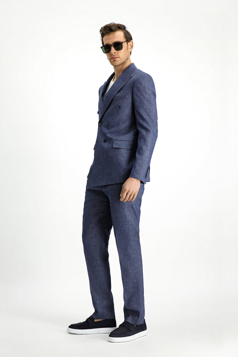 Light Blue 7 Drop Slim Fit Narrow Cut Linen Blend Peaked Lapel Double Breasted Suit