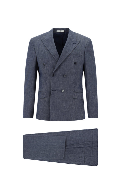 Light Blue 7 Drop Slim Fit Narrow Cut Linen Blend Peaked Lapel Double Breasted Suit