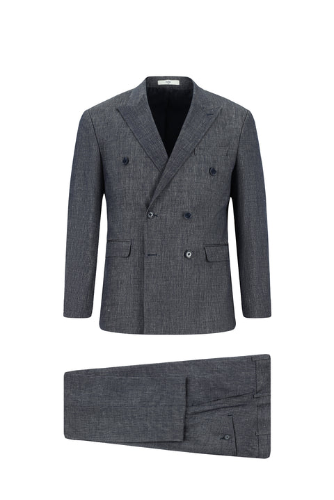 Dark Navy 7-Drop Slim Fit Narrow Notch Lapel Linen Blend Double-Breasted Suit