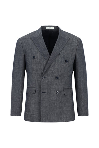  Koyu Lacivert 7 Drop Slim Fit Dar Kesim Keten Karışımlı Sivri Yaka Kruvaze Takım Elbise