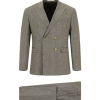 Light Brown 7 Drop Slim Fit Narrow Cut Linen Blend Peaked Lapel Double Breasted Suit