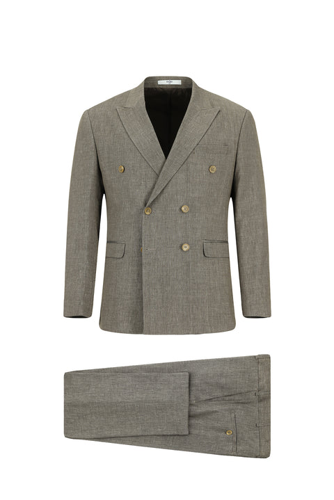 Light Brown 7 Drop Slim Fit Narrow Cut Linen Blend Peaked Lapel Double Breasted Suit