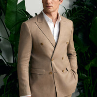 Medium Mink 7 Drop Slim Fit Narrow Cut Linen Blend Peaked Lapel Double Breasted Suit