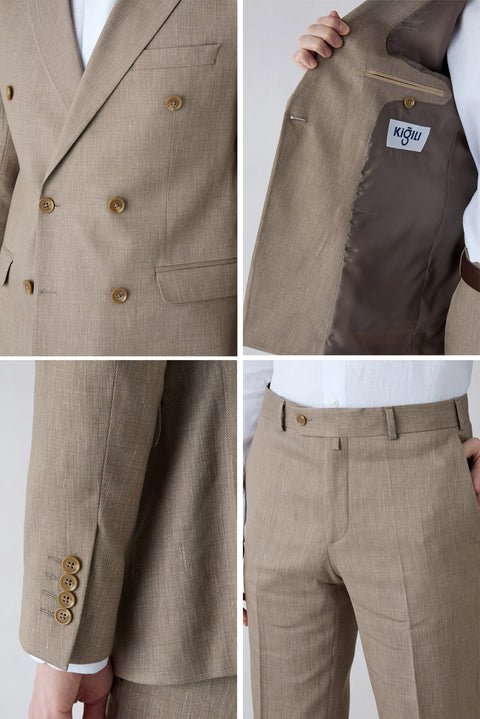 Medium Mink 7 Drop Slim Fit Narrow Cut Linen Blend Peaked Lapel Double Breasted Suit