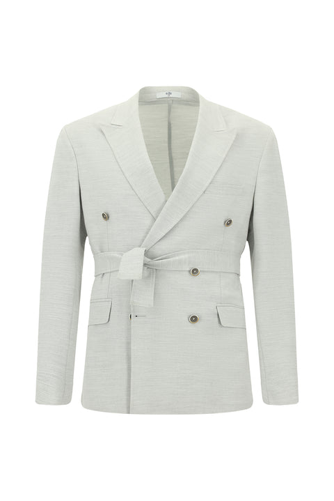 Light Grey 6 Drop Regular Fit Linen Blend Elasticated Waist Drawstring Belted Double-Breasted Suit