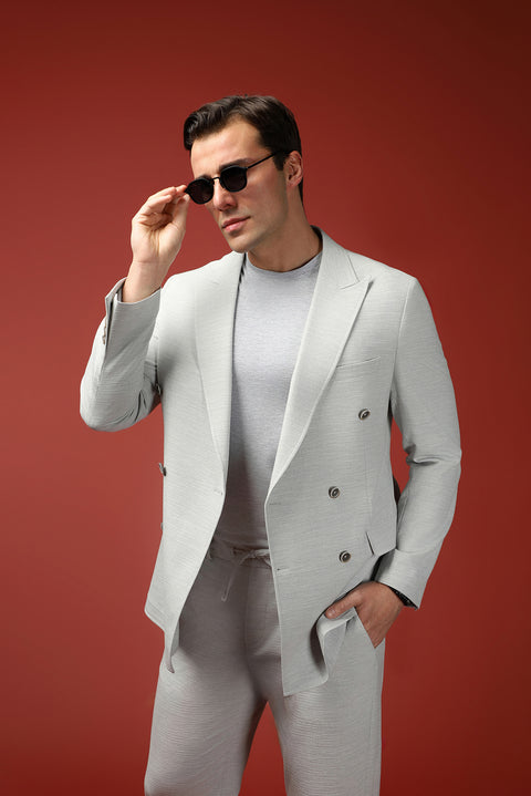Light Grey 6 Drop Regular Fit Linen Blend Double-Breasted Suit
