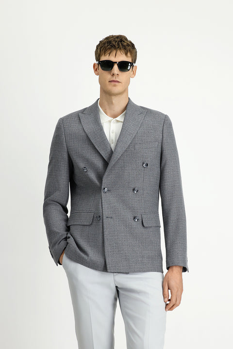 Medium Grey 7 Drop Super Slim Fit Extra Narrow Cut Patterned Double-Breasted Jacket