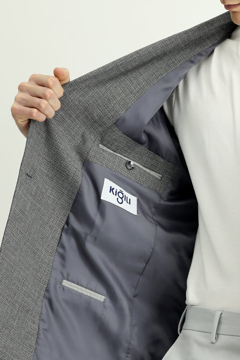 Medium Grey 7 Drop Slim Fit Patterned Double-Breasted Jacket