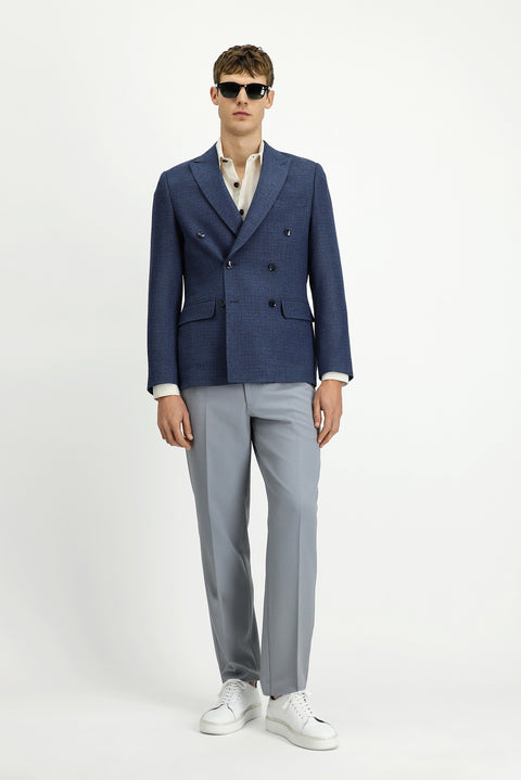 Medium Navy 7 Drop Super Slim Fit Extra Narrow Cut Patterned Double-Breasted Jacket