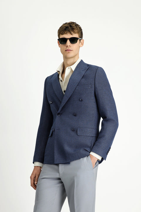 Medium Navy 7 Drop Slim Fit Patterned Double-Breasted Jacket