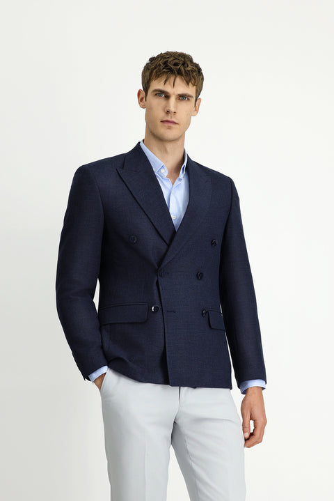Dark Navy 7 Drop Slim Fit Patterned Double-Breasted Jacket