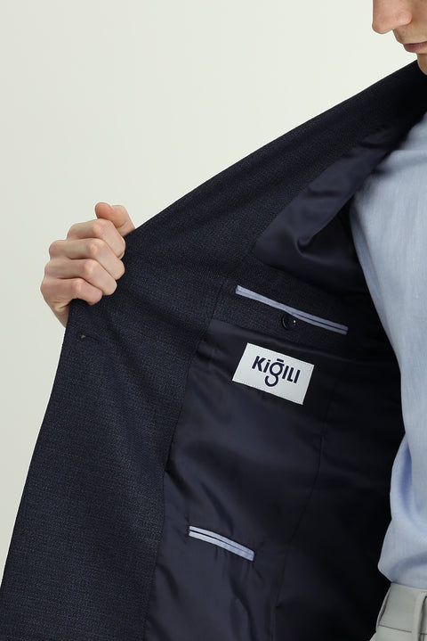 Dark Navy 6 Drop Regular Fit Patterned Double-Breasted Jacket