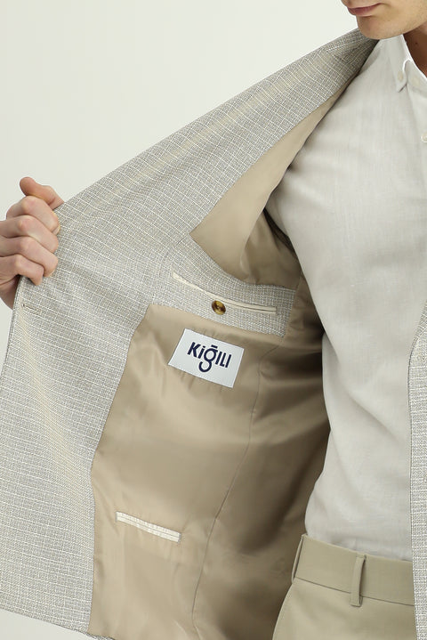 Light Beige 7 Drop Super Slim Fit Extra Narrow Cut Patterned Double-Breasted Jacket