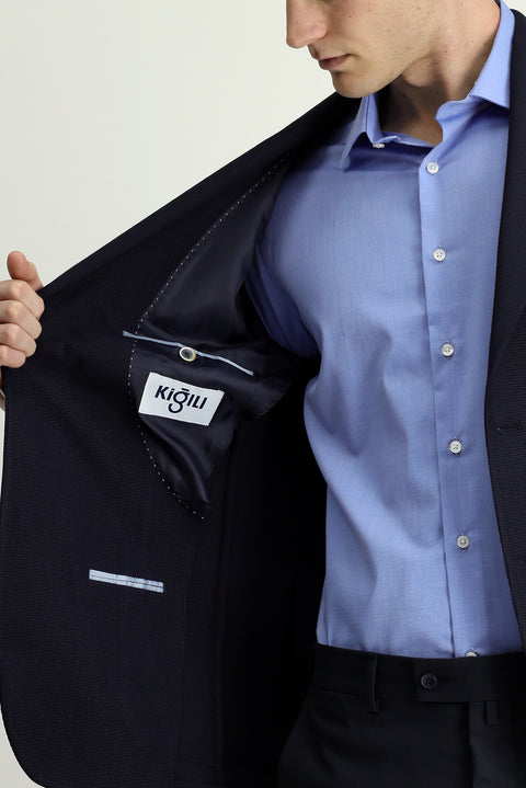 Dark Navy 8 Drop Muscle Fit Long Athletic Cut Lycra Patterned Sport Jacket