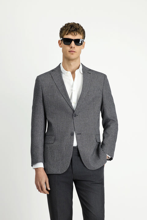 Black 7 Drop Slim Fit Classic Linen Blend Patterned Jacket